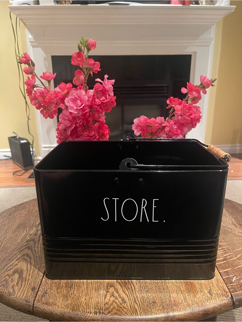 Rae Dunn STORE. Black Metal Storage Bin with Wooden Handle